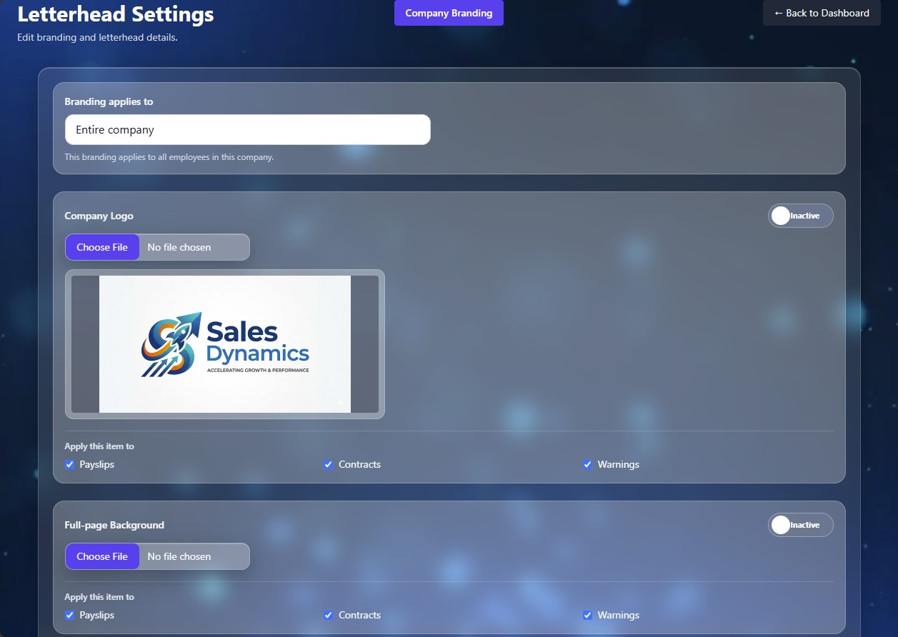 Company branding settings screenshot